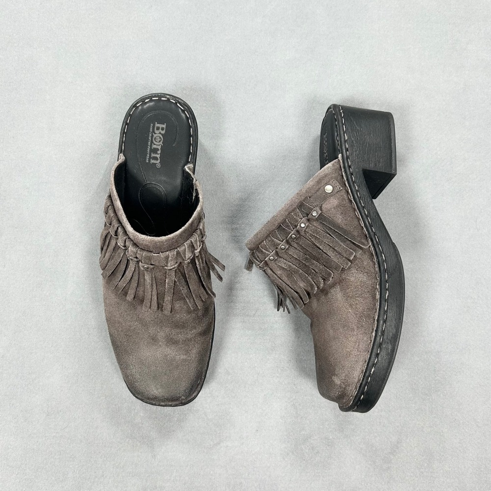 Born Fringe Mule Women's 9 Gray Leather Western Heeled Clog Slip On Square Toe